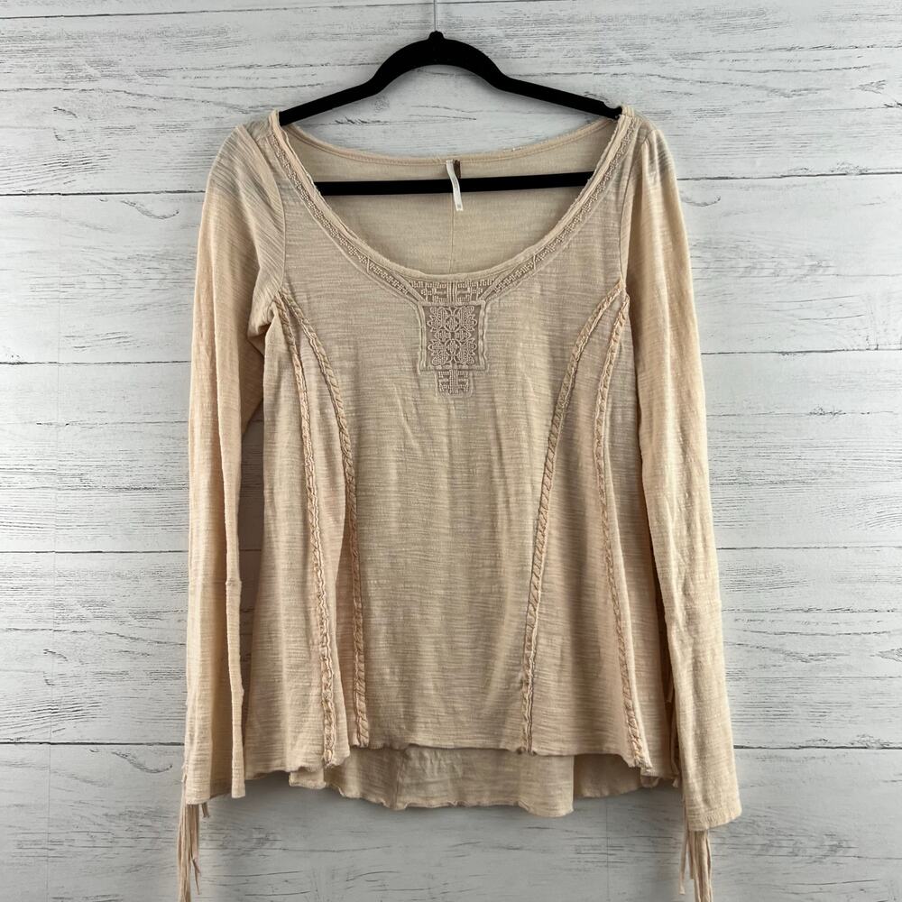 Free People Cream Fringe Sleeve Scoop Neck Top Size XS